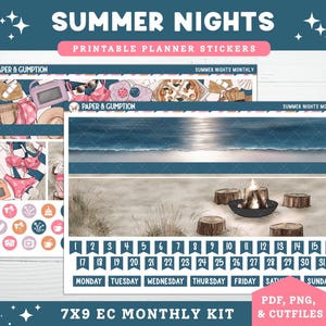 Printable Planner Stickers EC 7X9 Monthly Kit Summer Nights Monthly View Erin Condren Life Planner PNG Cricut Cutfile Summer Beach Stickers