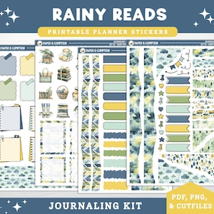 May include: Printable planner stickers with a rainy day theme. The stickers include various designs such as sticky notes, banners, and decorative elements in shades of blue, green, and yellow. The text "Rainy Reads" and "Journaling Kit" are visible.