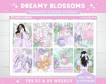 Spring Printable Planner Stickers Weekly Sticker Kit Dreamy Blossoms Erin Condren Sticker Vertical Sticker Kit Cutfiles Cricut PNG Summer