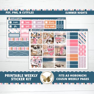 Adesivos para planejador imprimíveis Hobonichi Cousin Weekly Summer Nights A5 Hobo Cousin Kit de adesivos verticais Cutfile Cricut PNG Praia Verão Semanal