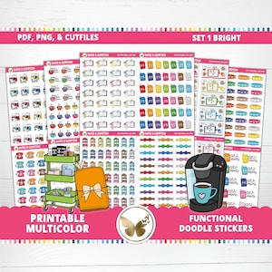 May include: Set of printable functional doodle stickers in bright colors. The stickers include images of coffee makers, phones, books, and more. The stickers are labeled "Set 1 Bright" and "Printable Multicolor".