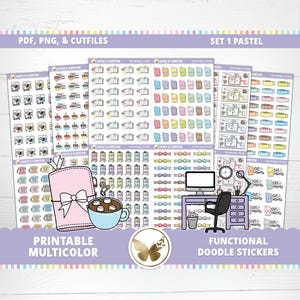May include: A set of printable pastel colored functional doodle stickers. The stickers include a variety of designs, such as phones, coffee cups, bows, and office supplies. The stickers are labeled "Printable Multicolor" and "Functional Doodle Stickers".