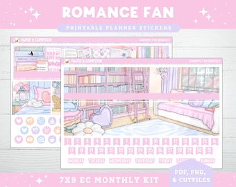 Printable Planner Stickers EC 7X9 Monthly Kit Romance Fan Monthly View Erin Condren Life Planner PNG Cricut Cutfile Book Lover Romance Smut