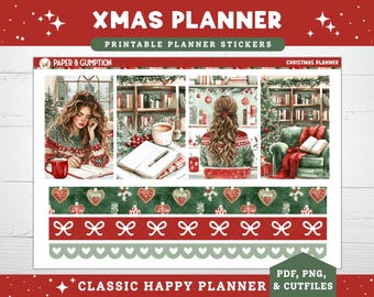 Christmas Printable Planner Stickers, Xmas Planner Girl, December Weekly Kit for Happy Planner Vertical Planners, Journaling, Winter, Books