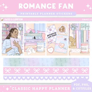 Printable Planner Stickers Weekly Sticker Kit Classic Happy Planner Romance Fan Vertical Sticker Kit Cutfile Cricut PNG Book Stickers Reader