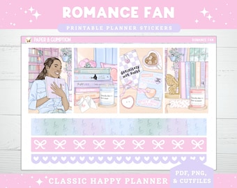Printable Planner Stickers Weekly Sticker Kit Classic Happy Planner Romance Fan Vertical Sticker Kit Cutfile Cricut PNG Book Stickers Reader