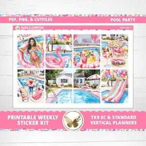 Pegatinas imprimibles para planificador, kit de pegatinas semanales, pegatinas de fiesta en la piscina, pegatinas de Erin Condren, kit de pegatinas verticales, archivo de corte Cricut PNG, pegatinas de fiesta de verano