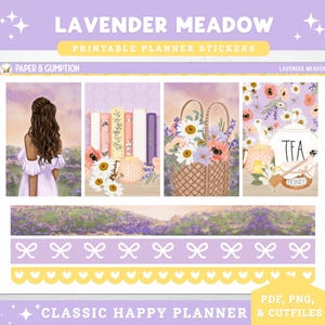 Printable Planner Stickers Classic Vertical Happy Planner Weekly Kit Lavender Meadow PNG Cricut Cutfile Easter Purple Lemon Honey Books Tea