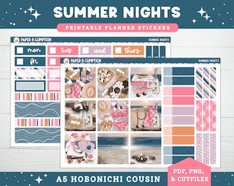 印刷可能なプランナーステッカー ほぼ日COUSINウィークリー サマーナイト A5 Hobo Cousin縦型ステッカーキット カットファイル Cricut PNG ビーチサマーウィークリー