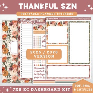 Puede incluir: Un kit de pegatinas imprimibles para planificador con temática otoñal. El kit incluye varias hojas de pegatinas con diseños florales, diseños de calendario y espacio para notas. El texto incluye "Thankful SZN", "this month" y "2025 / 2026 VERSION".