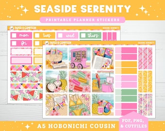 Printable Planner Stickers Seaside Serenity Hobonichi COUSIN Weekly Vertical Sticker Kit A5 Hobo Cousin Printable Tropical Summer Printable