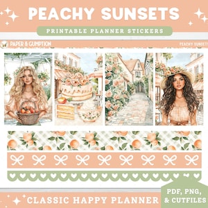Druckbare Planer Aufkleber Wöchentlicher Aufkleber Klassisch Glücklicher Planer Pfirsich Sonnenuntergänge Vertikale Aufkleber Kit Schnittdateien Cricut PNG Pfirsiche Sommer