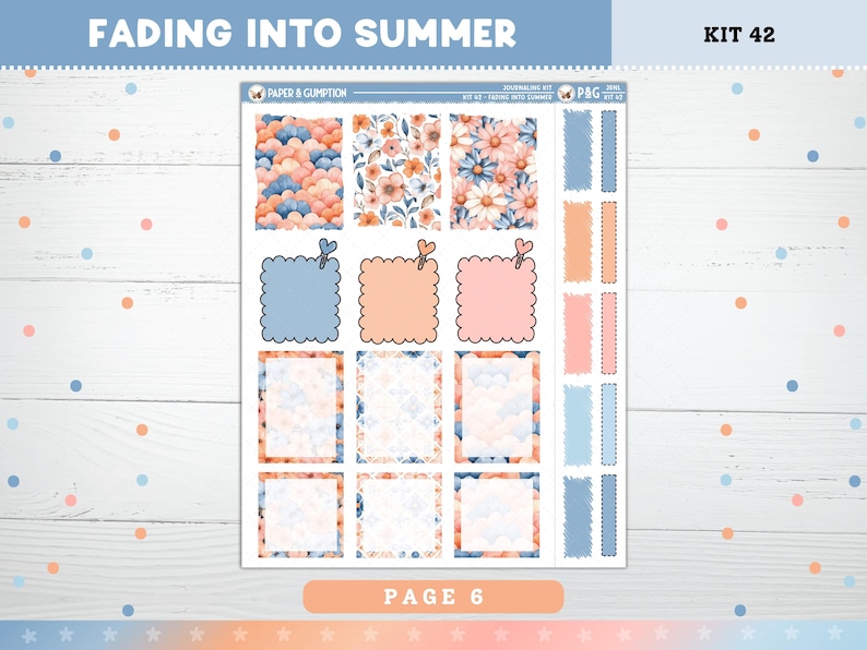 May include: A sheet of planner stickers with a summer theme. The stickers feature floral patterns, cloud designs, and decorative boxes in shades of blue, peach, and white. Text includes "FADING INTO SUMMER", "KIT 42", and "PAGE 6".