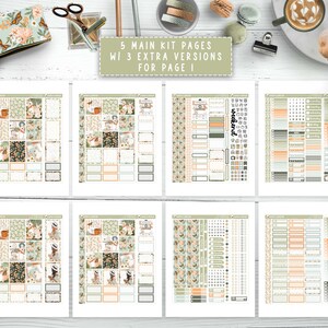 May include: A set of printable planner pages featuring a floral and nature theme. The pages include a weekly spread, a daily spread, and a notes page. The pages are designed in a neutral colour palette of green, brown, and white.