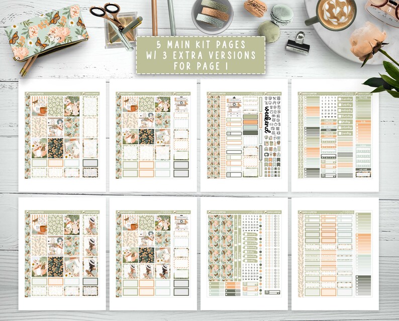 May include: A set of printable planner pages featuring a floral and nature theme. The pages include a weekly spread, a daily spread, and a notes page. The pages are designed in a neutral colour palette of green, brown, and white.
