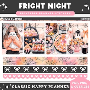 May include: A planner sticker sheet with a Halloween theme. The design includes illustrations of a person holding a ghost, pumpkins, sweets, and ghosts. The words "FRIGHT NIGHT" and "PRINTABLE PLANNER STICKERS" are at the top.