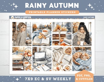 May include: A printable planner sticker sheet titled "Rainy Autumn" with watercolor illustrations. The sheet features images of cozy autumn scenes with books, tea, and a cat. Text includes "Paper & Gumption" and "7X9 EC & SV Weekly".