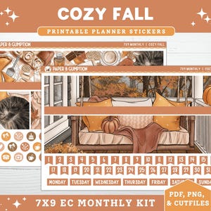 Druckbare Planner Aufkleber EC 2X9 Monatliche Kit Gemütliche Herbst Monatsansicht Erin Condren Planer PNG Cricut Herbst Thanksgiving Printable
