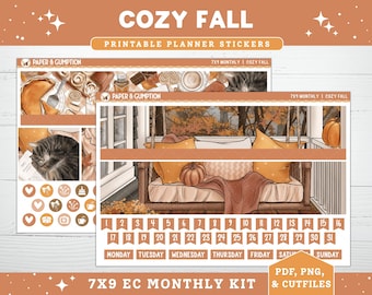 Agenda imprimable Stickers EC 7 X 9 Kit mensuel automne confortable vue mensuelle Erin Condren Agenda PNG Cricut automne automne Thanksgiving imprimable