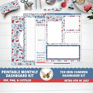 Agenda imprimable Stickers Kit 20 4 juillet EC 7 X 9 Tableau de bord et page de notes Kit Erin Condren PNG Cricut Cutfiles Independence Day Kit imprimable