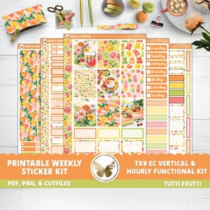Pegatinas imprimibles para planificador Erin Condren, kit de pegatinas semanales verticales de 7 x 9 pulgadas, 18 pegatinas Tutti Frutti, pegatinas por hora, PNG, Cricut, PNG, kit de comida de verano con frutas