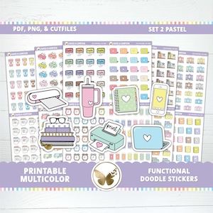 Puede incluir: Un conjunto de 10 hojas de pegatinas imprimibles con ilustraciones de color pastel. Las pegatinas presentan una variedad de diseños que incluyen tazas de café, libros, una impresora, una computadora portátil, un teléfono, un termo y un cuaderno. El texto "PDF, PNG, & CUTFILES" y "SET 2 PASTEL" está en la parte superior de la imagen. El texto "PRINTABLE MULTICOLOR" está en la parte inferior izquierda de la imagen. El texto "FUNCTIONAL DOODLE STICKERS" está en la parte inferior derecha de la imagen.