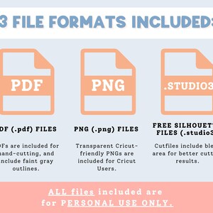 May include: An image with the text "3 FILE FORMATS INCLUDED:" and three file icons labeled PDF, PNG, and .STUDIO3. Below each icon are descriptions of the file types, including "PDFs are included for hand-cutting" and "Transparent Cricut-friendly PNGs."