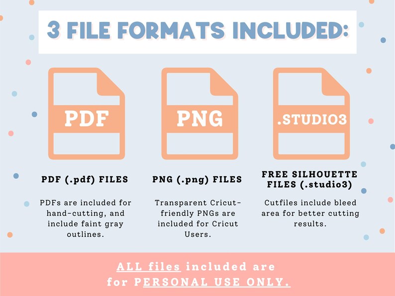 May include: An image with the text "3 FILE FORMATS INCLUDED:" and three file icons labeled PDF, PNG, and .STUDIO3. Below each icon are descriptions of the file types, including "PDFs are included for hand-cutting" and "Transparent Cricut-friendly PNGs."