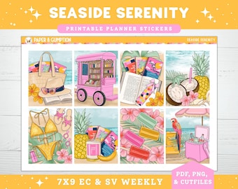 Pegatinas imprimibles para planificador, kit de pegatinas semanales Seaside Serenity, pegatinas para planificador Erin Condren, kit de pegatinas verticales, pegatinas imprimibles de verano tropical