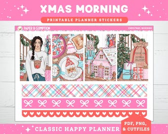 Christmas Printable Planner Stickers, Xmas Morning, December Weekly Kit for Classic Happy Planner Vertical, Sweet, Presents, Pink, Winter