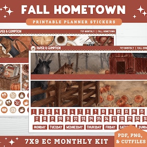 Druckbare Planner Aufkleber EC 7X9 Monatlicher Aufkleber Herbst Heimatstadt Oktober Monatsansicht Erin Condren Planer PNG Cricut Herbst Herbst Printable