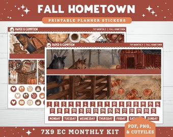 Printable Planner Stickers EC 7X9 Monthly Kit Fall Hometown October Monthly View Erin Condren Planner PNG Cricut Autumn Fall Printable