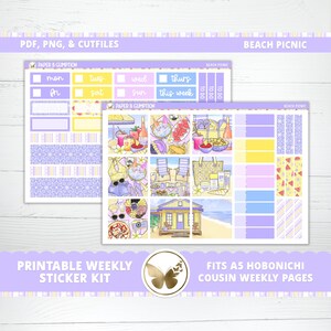 Adesivos para planejador imprimíveis Hobonichi Cousin Weekly Beach Picnic A5 Hobo Cousin Vertical Sticker Kit Cutfile Cricut PNG Beach Summer Weekly