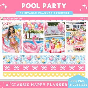Printable Planner Stickers Weekly Sticker Kit Classic Happy Planner Pool Party Vertical Sticker Kit Cutfile Cricut PNG Summer Pool Stickers