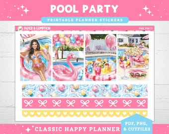 May include: A colorful planner sticker sheet with a pool party theme. The design includes illustrations of a woman in a pool, a flamingo float, drinks, and food. The text "POOL PARTY" and "PRINTABLE PLANNER STICKERS" are displayed. The bottom of the sheet reads "CLASSIC HAPPY PLANNER & CUTFILES".