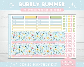 Pegatinas imprimibles para planificador EC 7X9, kit mensual, 17 pegatinas de verano burbujeantes, planificador de vida Erin Condren, PNG, Cricut Cutfile, kit de verano con flores de caramelo.