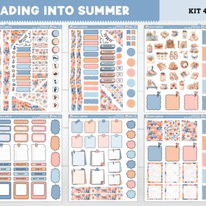 May include: A sticker kit with the text "FADING INTO SUMMER" and "KIT 42". The kit includes stickers in shades of blue, peach, and floral patterns. There are decorative banners, circles, and boxes for planning and journaling.