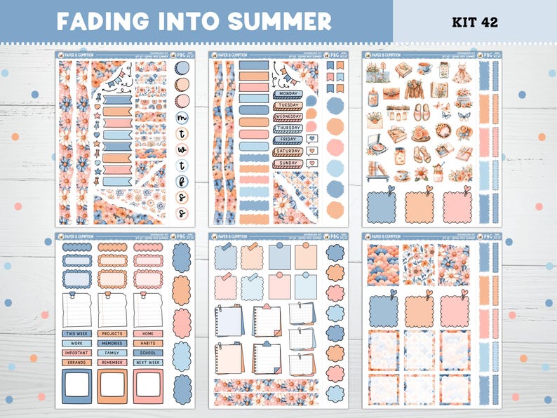 May include: A sticker kit with the text "FADING INTO SUMMER" and "KIT 42". The kit includes stickers in shades of blue, peach, and floral patterns. There are decorative banners, circles, and boxes for planning and journaling.