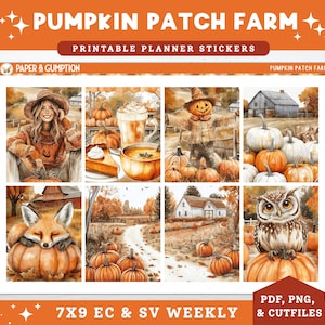 May include: Printable planner stickers with a pumpkin patch theme. The design features watercolour illustrations of pumpkins, a scarecrow, an owl, and a farm scene. Text includes "Pumpkin Patch Farm" and "Printable Planner Stickers".