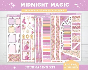 Utskrivbara planeringsklistermärken för NYE, Midnattsmagi, Journaling-klistermärkesark, Bullet Journaling, Hobonichi-veckokit, Nyårsaftonfyrverkerier