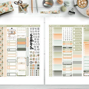 May include: A set of printable planner stickers with a floral theme. The stickers are in shades of green, peach, and brown. The stickers include a calendar, days of the week, and various other planner elements.