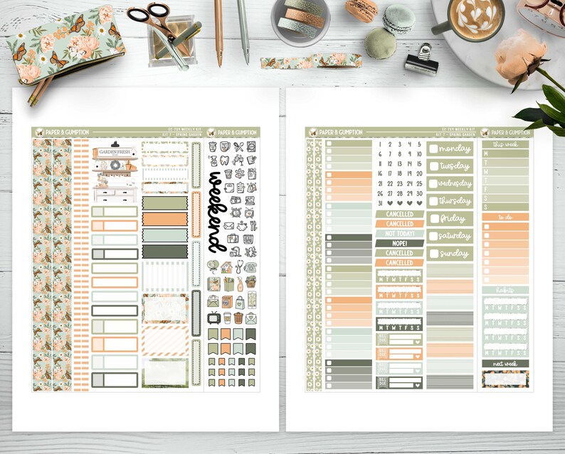 May include: A set of printable planner stickers with a floral theme. The stickers are in shades of green, peach, and brown. The stickers include a calendar, days of the week, and various other planner elements.