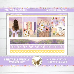 Agenda imprimable autocollants classique vertical Happy Planner Weekly Kit lavande prairie PNG Cricut Cutfile Pâques violet citron miel livres thé