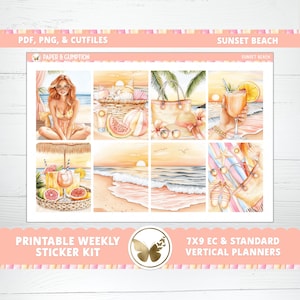 Adesivi per planner stampabili, kit di adesivi settimanali, adesivi Sunset Beach Erin Condren, kit di adesivi verticali Cutfile Cricut PNG, adesivi estivi per la spiaggia