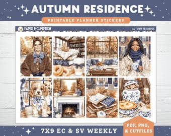 May include: A digital planner sticker sheet titled "Autumn Residence" with watercolor illustrations. The sheet includes images of cozy fall scenes, people, a dog, and text. The text includes "Paper & Gumption", "Autumn Residence", and "7x9 EC & SV Weekly".