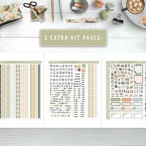 May include: Three printable planner pages featuring a green, white and orange colour scheme. The pages include a variety of stickers, including boxes, banners and labels. The pages also include a variety of patterns, including stripes, polka dots and floral designs. The text "3 EXTRA KIT PAGES" is at the top of the image.