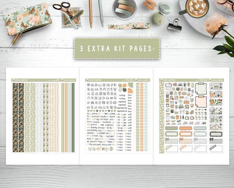 May include: Three printable planner pages featuring a green, white and orange colour scheme. The pages include a variety of stickers, including boxes, banners and labels. The pages also include a variety of patterns, including stripes, polka dots and floral designs. The text "3 EXTRA KIT PAGES" is at the top of the image.