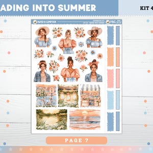 May include: A sheet of stickers with a watercolor theme. The stickers feature illustrations of women, flowers, and landscapes. The text "FADING INTO SUMMER" and "PAGE 7" are visible. The color palette includes soft blues, peaches, and pinks.