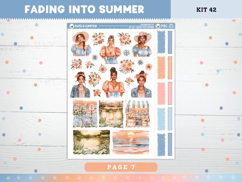 May include: A sheet of stickers with a watercolor theme. The stickers feature illustrations of women, flowers, and landscapes. The text "FADING INTO SUMMER" and "PAGE 7" are visible. The color palette includes soft blues, peaches, and pinks.