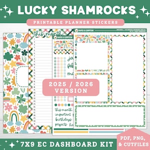 Puede incluir: Un kit de pegatinas imprimibles para planificador con temática del Día de San Patricio. El diseño incluye tréboles, arcoíris y elementos florales. El kit incluye un kit de tablero EC 7x9 con el texto "Lucky Shamrocks" y "2025 / 2026 Version".